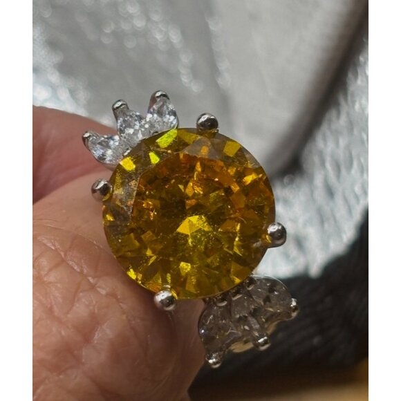 Citrine Ring 14mm Cubic Zirconia & Accent Stones Silver-Tone Band Exquisite - Picture 9 of 12